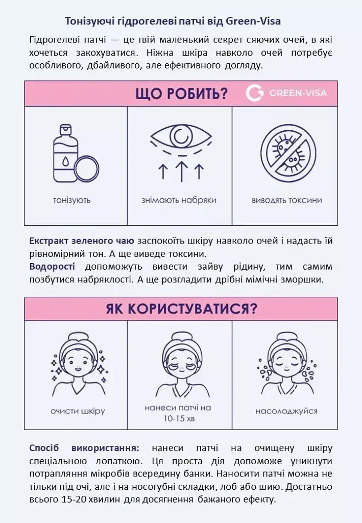 Тонізуючі гідрогелеві патчі під очі 60шт., зміцнюють, освіжають, розгладжують шкіру навколо очей, Грін-Віза. - фото 2