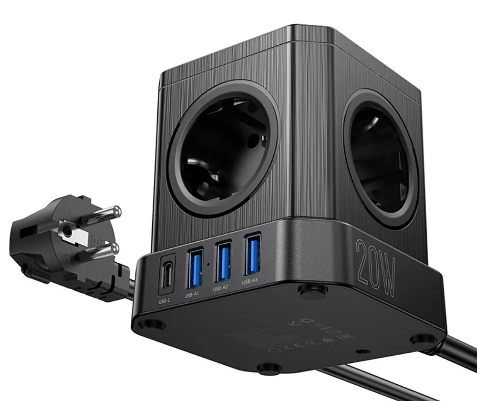 Мережевий зарядний пристрій подовжувач Hoco NS8 3 USB/Type-C 5 розеток 2 м - фото 2