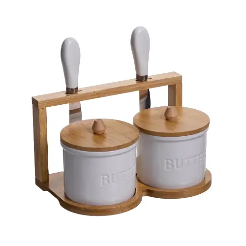 Набор масленок для сливочного масла 2 (шт) с ножами на бамбуковой подставке Yiwu SCT-641 - фото 4