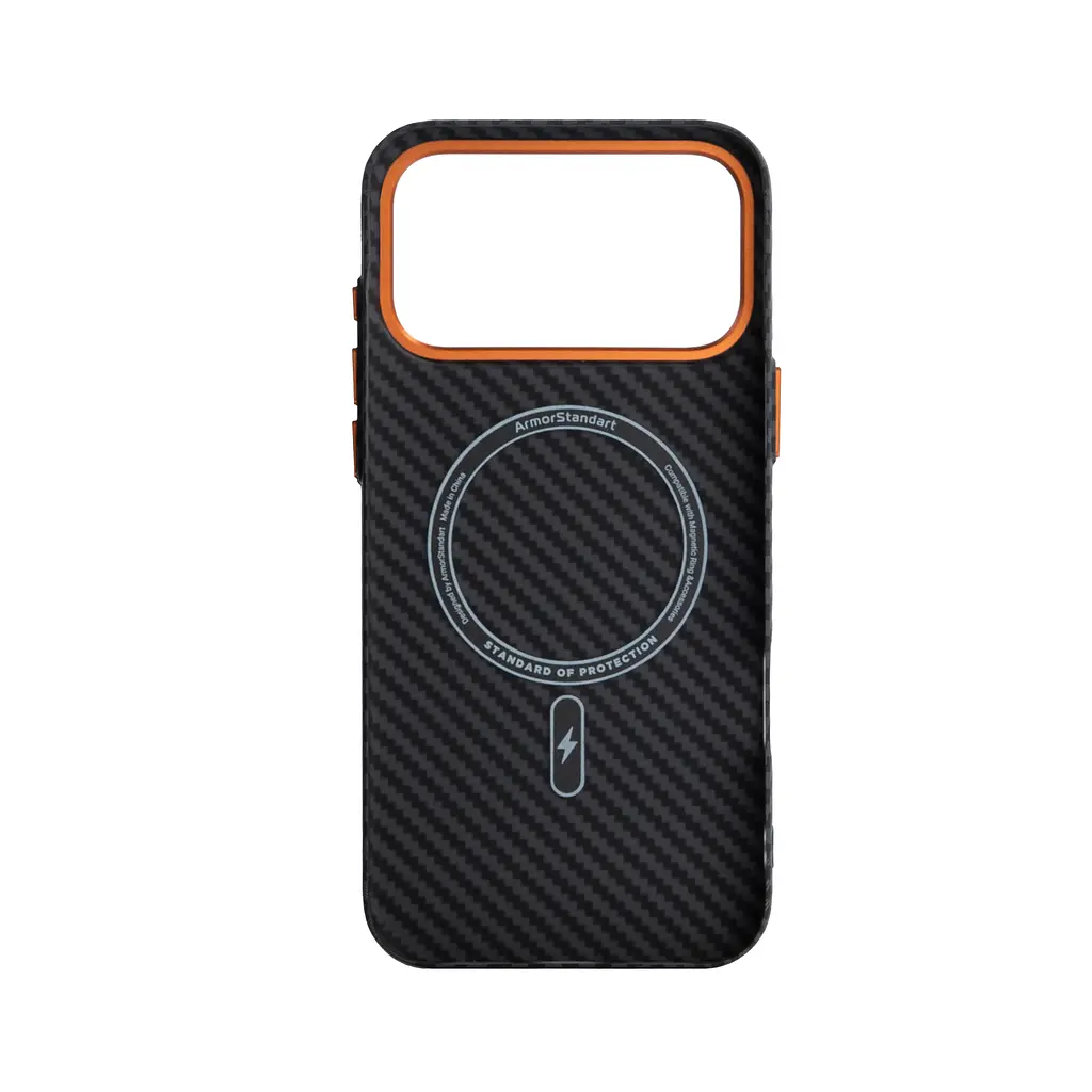 Карбоновый чехол для Apple iPhone 17 Pro Max, LikeCarbon2 SE MagCase, черный, тонкий защитный чехол-панель из поликарбоната с магнитами N52, MagSafe, противоударный, совместим с беспроводной зарядкой, приподнятые края для защиты камеры - фото 2