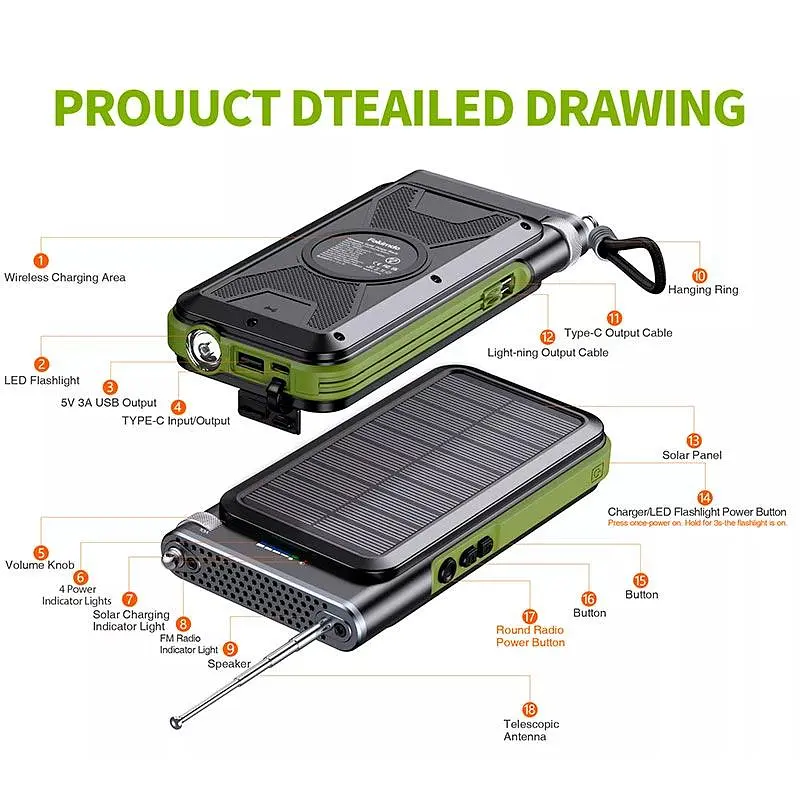 Наружный аккумулятор с солнечной панелью Solar 20000 mAh PN-W26 с радио и БЗП - фото 4