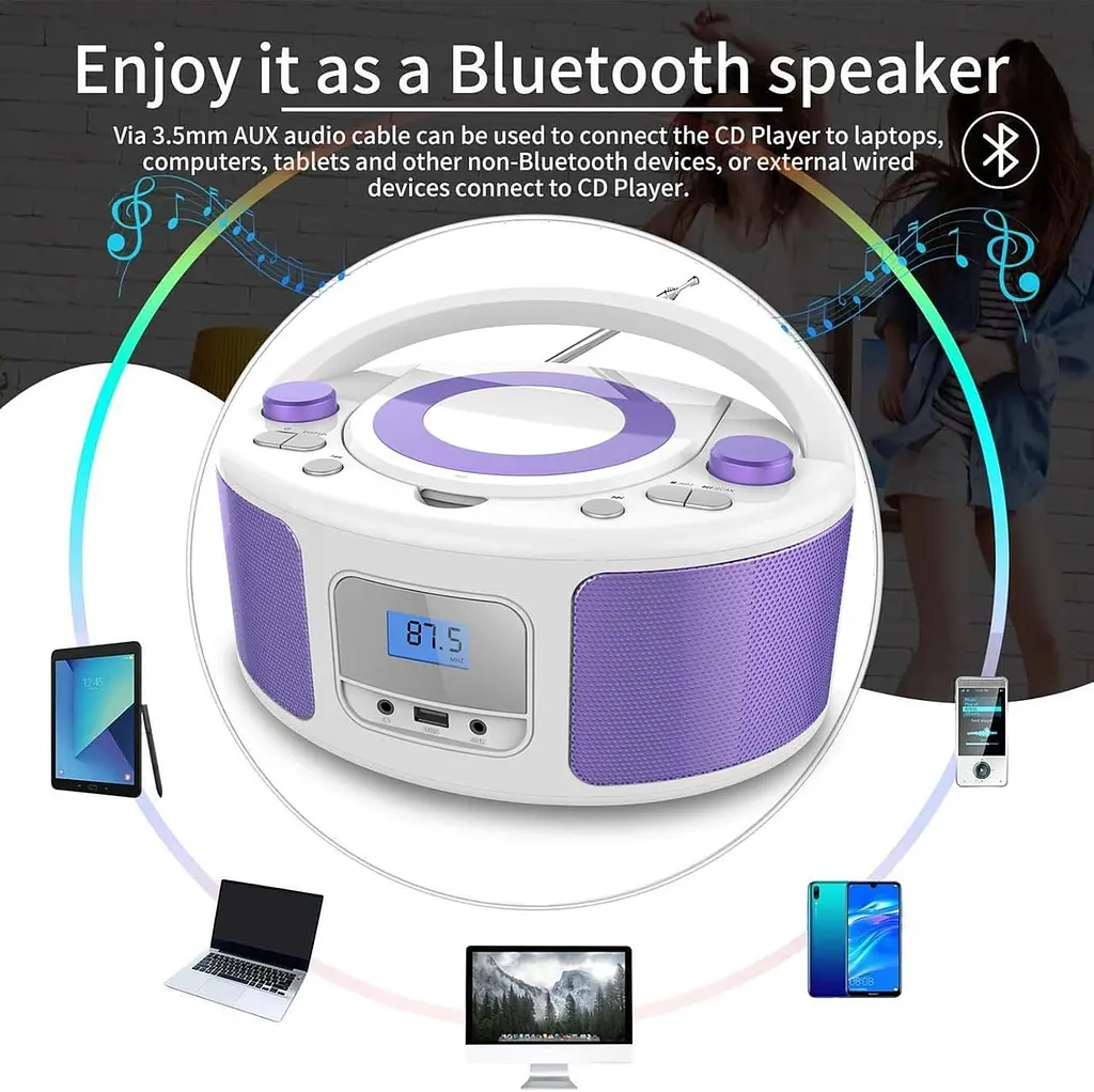 Дитячий портативний CD-плеєр WISCENT з Bluetooth, FM, USB та навушниками - фото 5