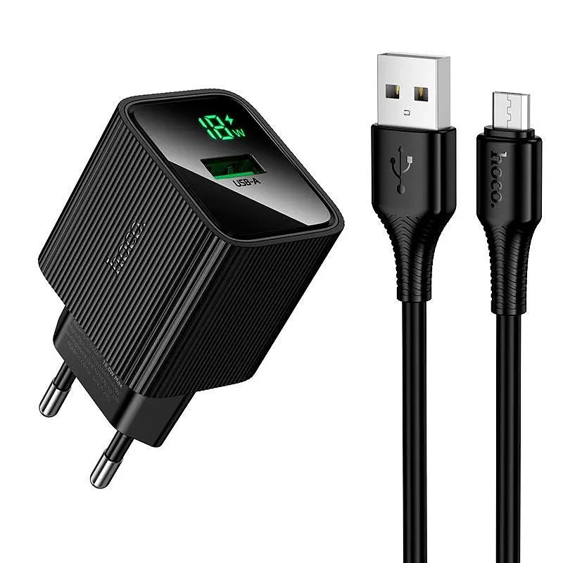Блок живлення зарядне HOCO CS81A Excellent single port charger with digital display 1USB 18W QC3.0 + кабель Micro USB чорне