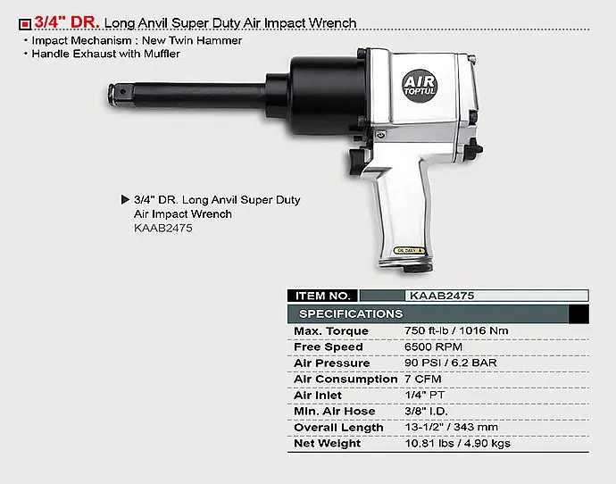 Пневмогайковерт TOPTUL 3/4" 1016N/m 6500 об/хв KAAB2475 - фото 2