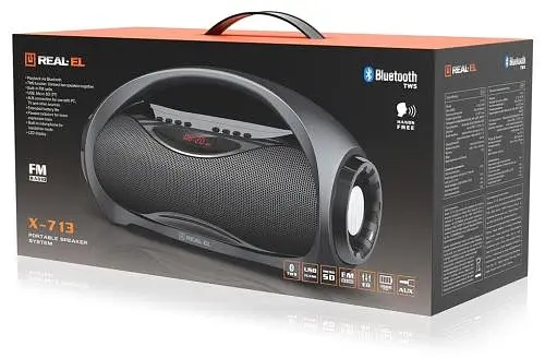Колонка портативна 2.0 REAL-EL X-713 Black, 2x6 Вт, пластиковий корпус, Bluetooth, MicroSD / USB, FM-приймач, живлення від акумулятора, 1800 мА*ч, керування сверху - фото 5