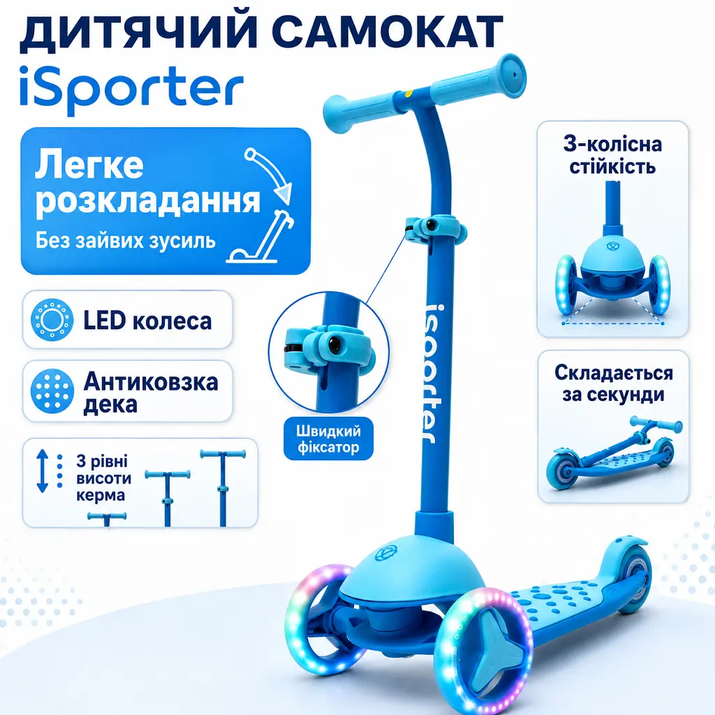 Самокат iSporter mini LED синій (M3Z_Blue) - фото 3