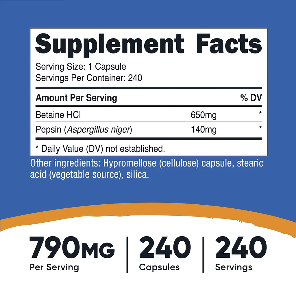 Бетаїн HCl і пепсин Nutricost Betaine HCl + Pepsin 240 капсул - фото 3