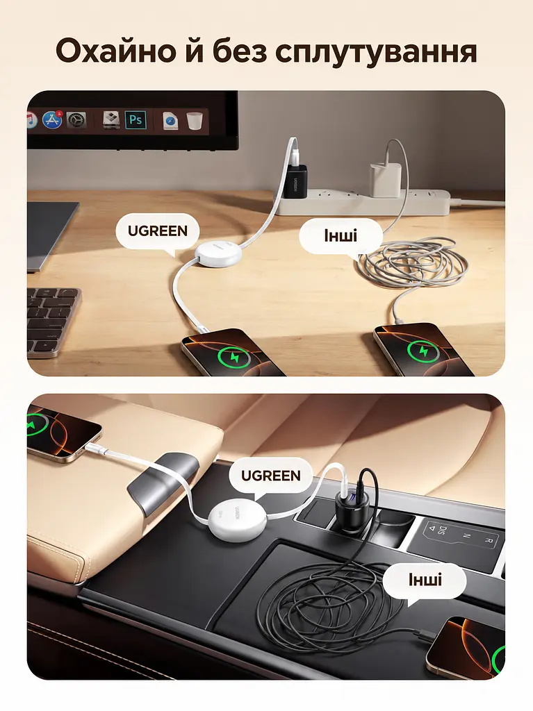 Висувний кабель UGREEN L531 USB-C - USB-C PD 100 Вт 1 м білий (95673) - фото 8