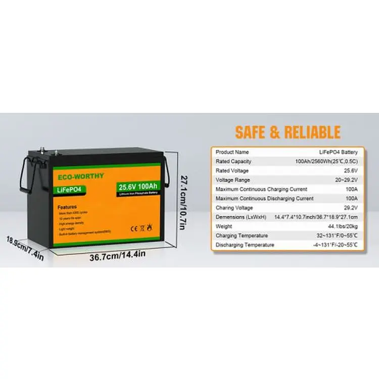 Аккумулятор Eco-Worthy LiFePO4 со встроенным BMS 5000+ циклов 24V 100 Ah (US-L13070402010-1) - фото 3
