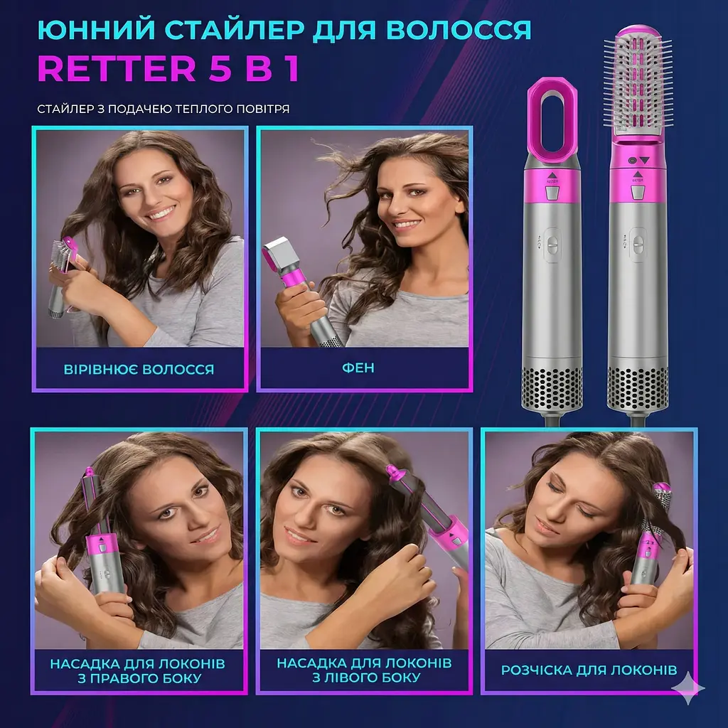 Стайлер для укладання волосся Hot Air Styler 5 в 1 з ефектом Коанда, 1000 Вт, 5 насадок, з кейсом - фото 3