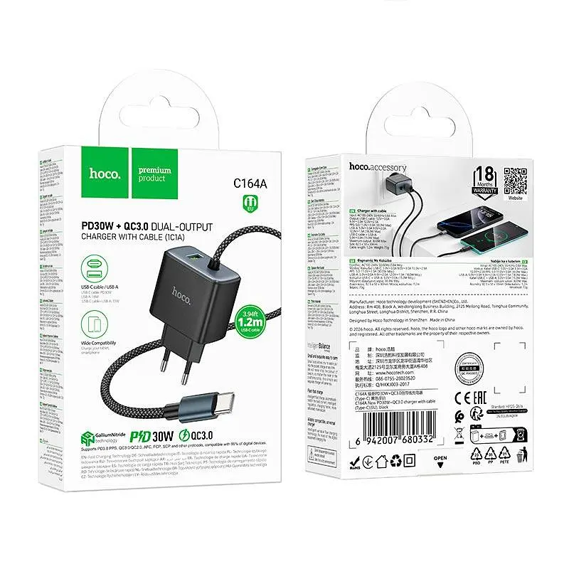 Адаптер мережевий HOCO New charger with Type-C cable C164A 1USB, 30W/3A, PD/QC - фото 2