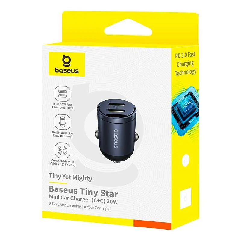 Адаптер автомобильный Baseus Tiny Star Mini Car Charger 2Type-C, 30W/3A, PD/QC| - фото 2