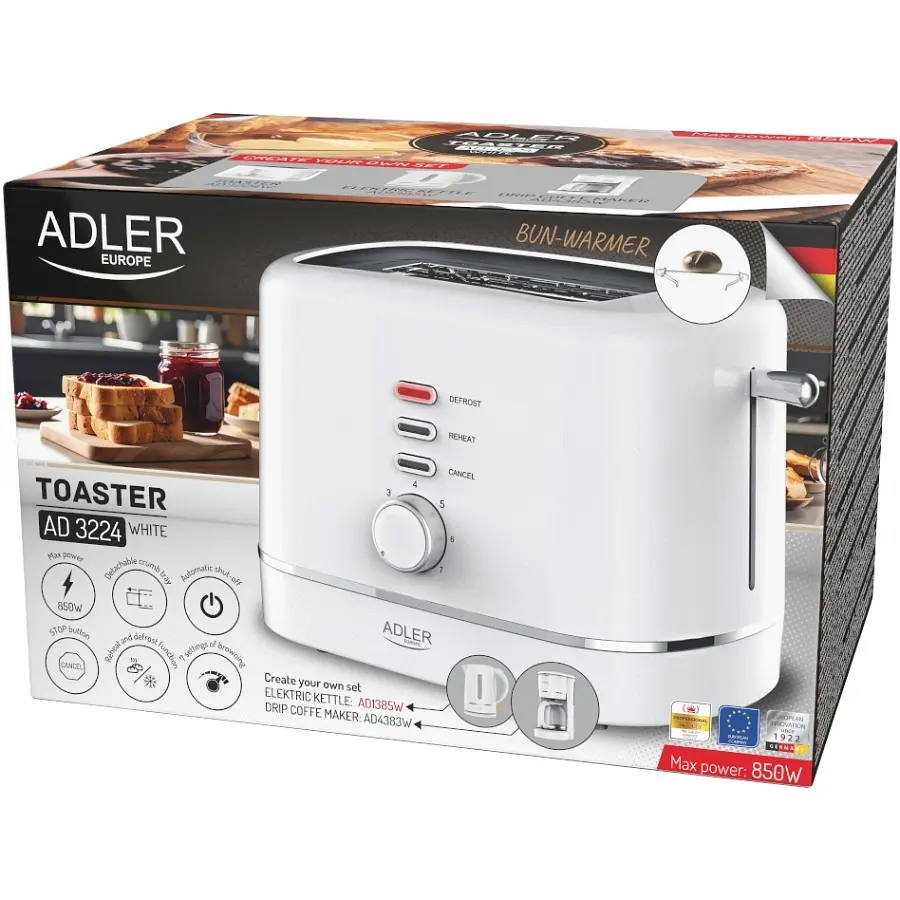 Тостер Adler AD 3224 white 850Вт/ 2 відділення/7 режимів підсмажування/розморожування/підігрів булок - фото 12