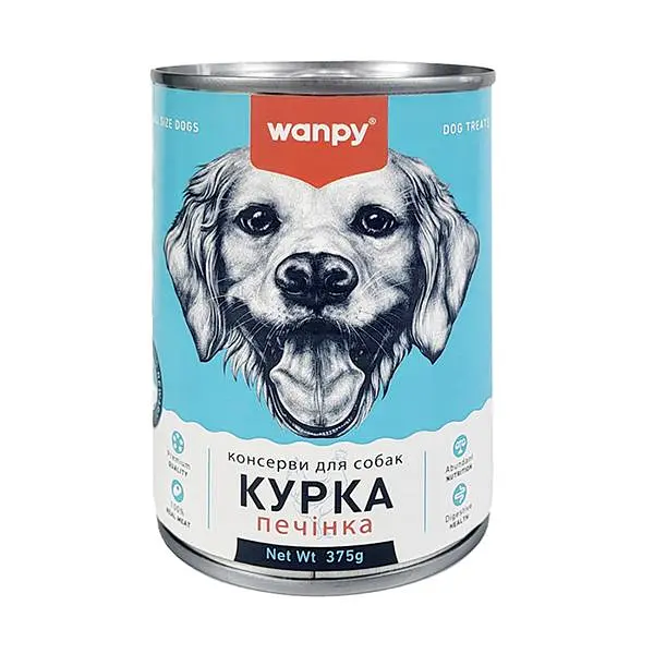 Вологий корм для собак Wanpy Chicken & Liver ВАНПІ КУРКА ПЕЧІНКА паштет, банка 375 г