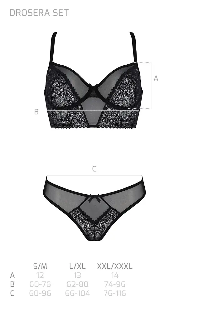 Комплект Passion DROSERA SET black S/M, сітка+мереживо, бюстьє та трусики танга - фото 5