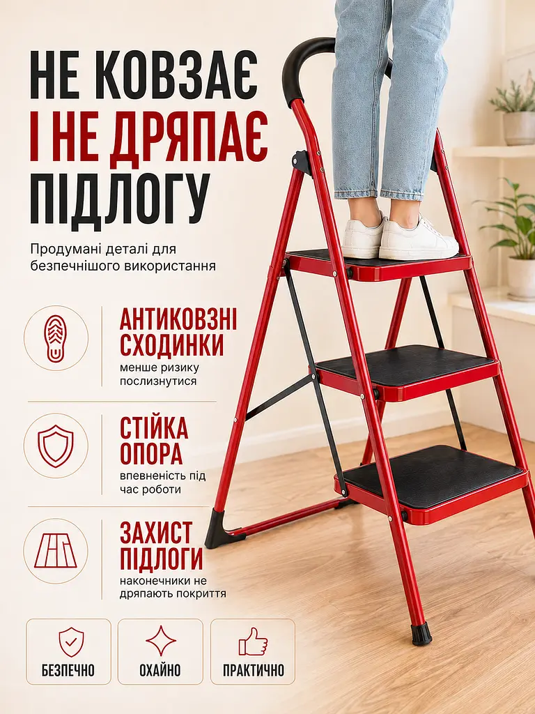 Драбина-стрем’янка з поручнем 3 сходинки складна металева до 150 кг (49675898) - фото 4