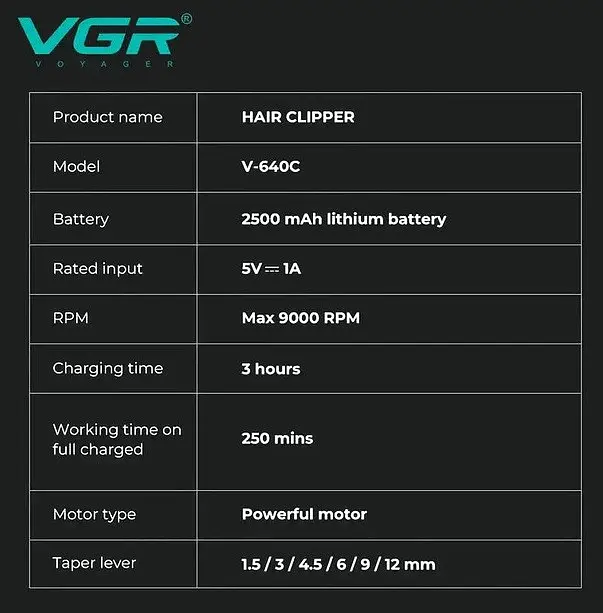 Профессиональная машинка для стрижки VGR V-640C керамическое лезвие 2500 mAh 9000 об/мин дополнительная регулировка высоты среза - фото 6