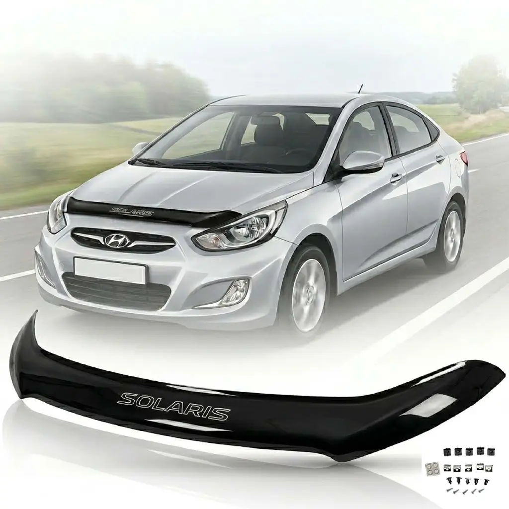 Дефлектор капоту мухобійка для Hyundai Accent Solaris 2010-2014 короткая Євро Кріплення (Vip Tuning) HYD100
