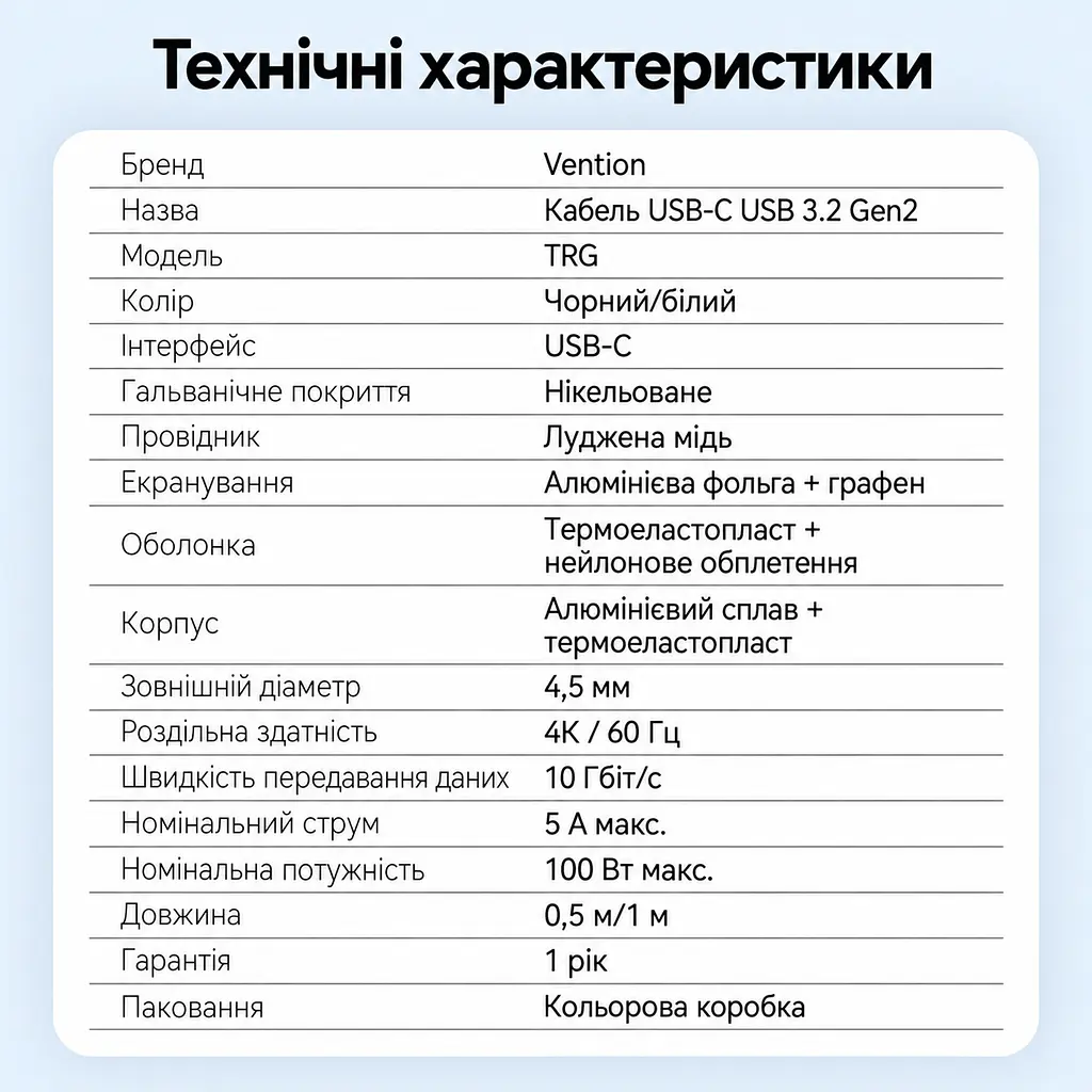 Кабель Vention TRGBH USB-C - USB-C USB 3.2 Gen 2 PD 100 Вт 4K 2 м чорний (TRGBH) - фото 12