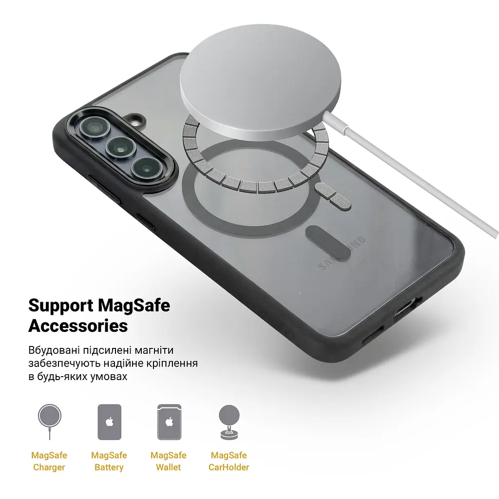 Чехол для Samsung Galaxy S25 FE 5G, Unit MagSafe, черный, прозрачный, магсейф, противоударный, магнитный, панель-накладка с поддержкой MagSafe, с поддержкой беспроводной зарядки, TPU+PC, защита всего корпуса, ударостойкий, ArmorStandart (ARM89156) - фото 4