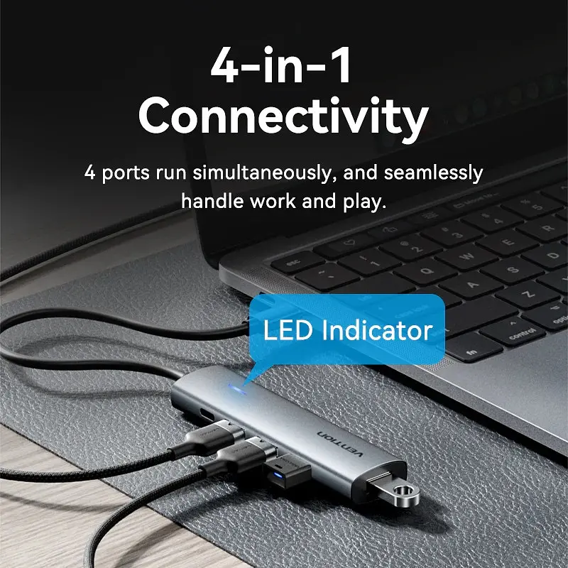 Хаб USB 3.0 Type-C -> 4xUSB 3.0/1xUSB-C, 5Gbps, Чорний Vention - фото 7
