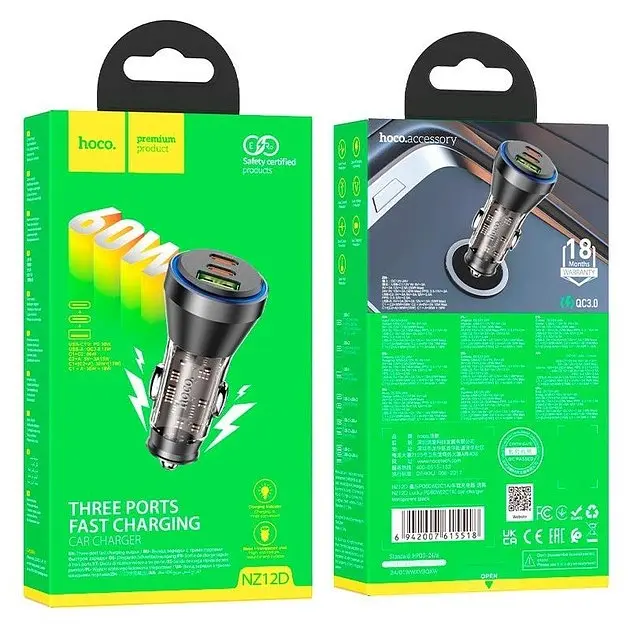 Зарядний пристрій авто Hoco NZ12D Lucky car charger 3 порти 2*Type-C + 1*USB 60 W чорно прозорий - фото 5