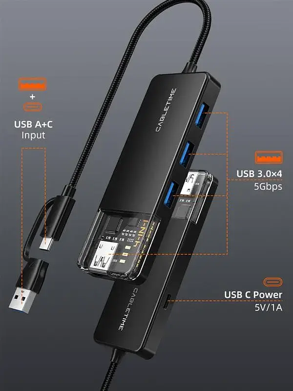Концентратор Cabletime USB C/A – 4 Port USB 3.0, 5Gbps, 0.15 m (CB05B) - фото 2