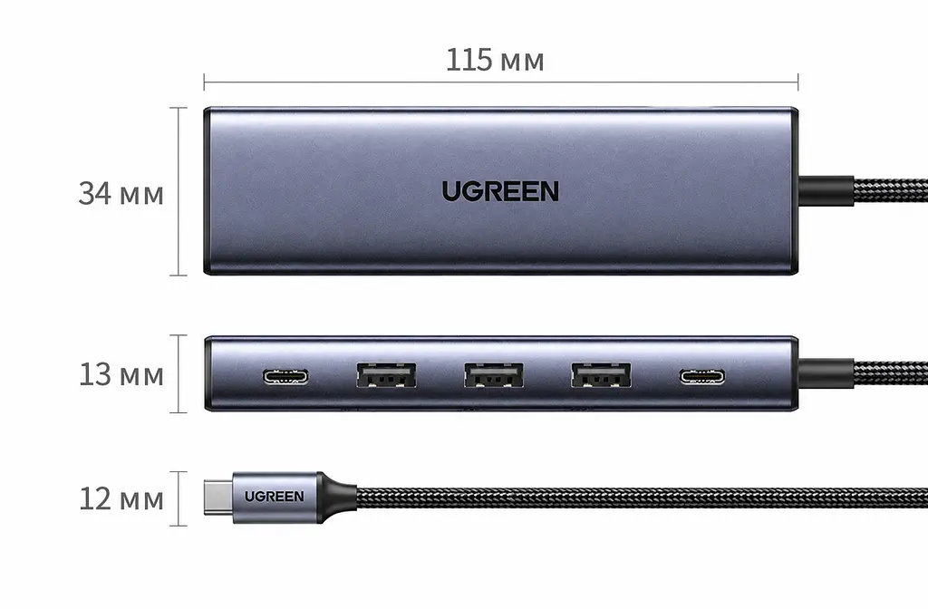 USB-C хаб UGREEN CM511 5 в 1 3 USB-A и 1 USB-C для данных теоретически до 5 Гбит/с DisplayPort 4K 60 Гц 2K 120 Гц 1080p 144 Гц вход USB-C PD 3.0 до 100 Вт сквозная зарядка для видео нужен USB-C с DisplayPort Alt Mode дублирование/расширение HDR G-Sync AMD FreeSync Windows macOS Linux без драйвера хаба Steam Deck и ROG Ally требуют питания PD Android iOS iPadOS требуют полнофункционального USB-C встроенный кабель 0,3 м космический серый (75642) - фото 3