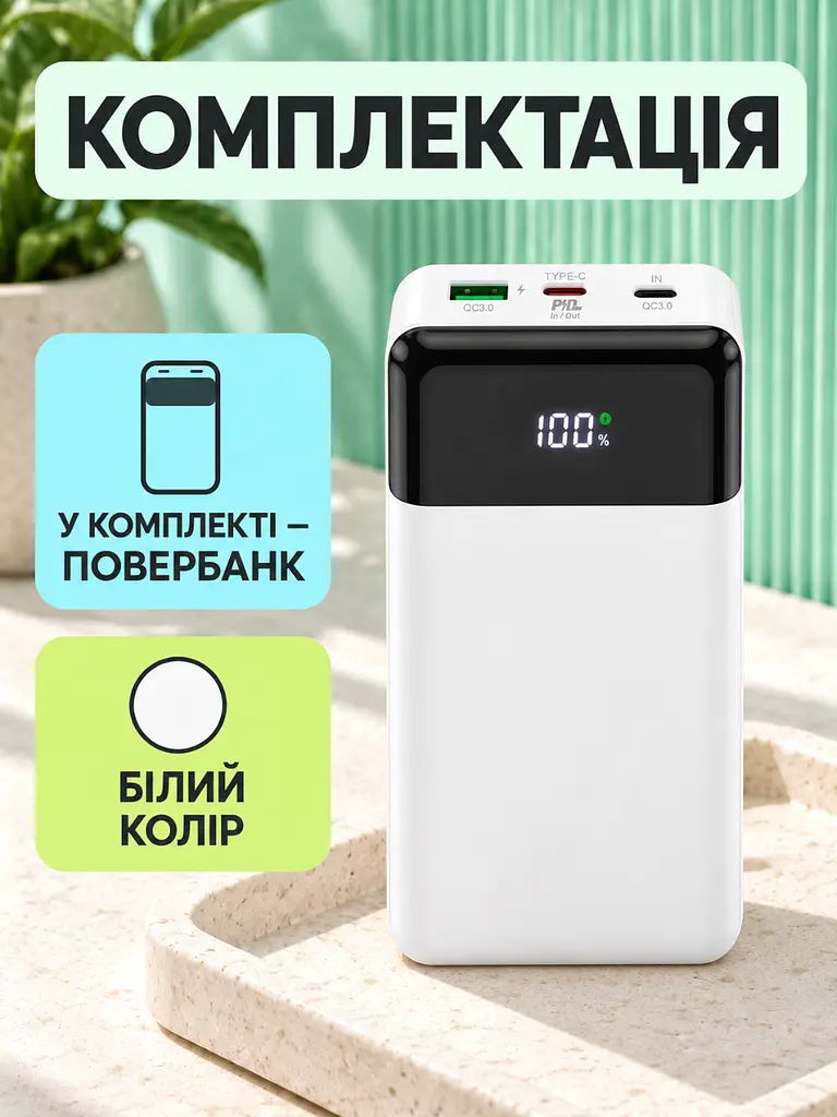 Універсальна мобільна батарея 20000 mAh зі швидкою зарядкою PD 20W та QC 3.0 для смартфонів біла (37261521) - фото 8