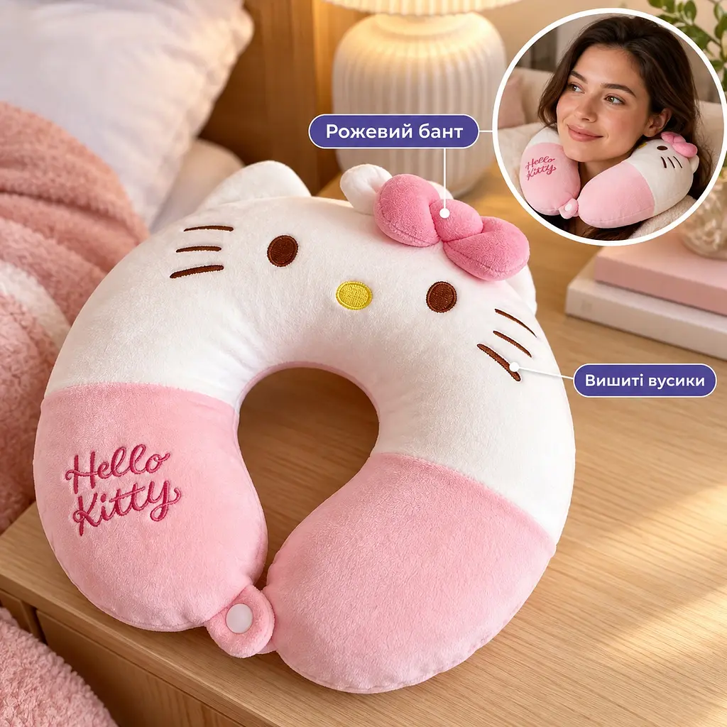 Подушка для шиї U-подібна Hello Kitty, дорожня для авто, офісу та сну - фото 3