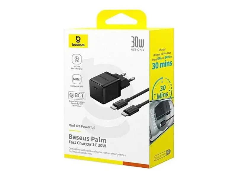 Мережевий зарядний пристрій BASEUS Palm Fast Charger 30 W Type-C to Type-C cable Black (P10111605113-01) - фото 5