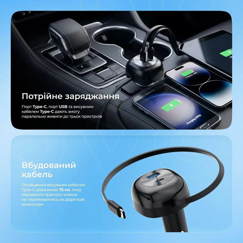 АЗП Proove Pulsar 65W (Type-C + USB) + Retractable Type-C Cable - фото 7