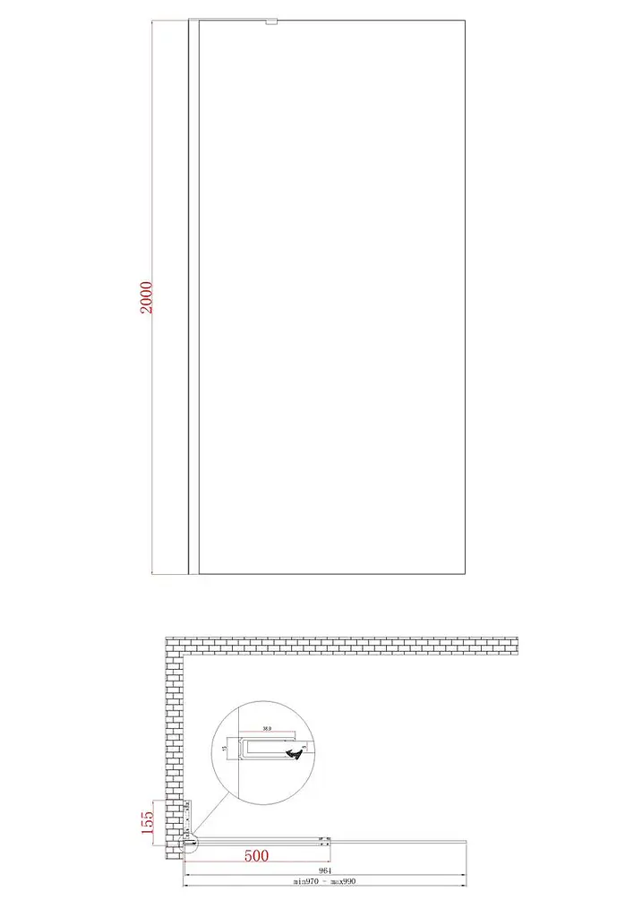 Душова перегородка Koer SR SP02-100x200-TR-12 Walk-In прозоре скло Easy Clean 8 мм, матове золото KR5396, прозоре, золотий - фото 2