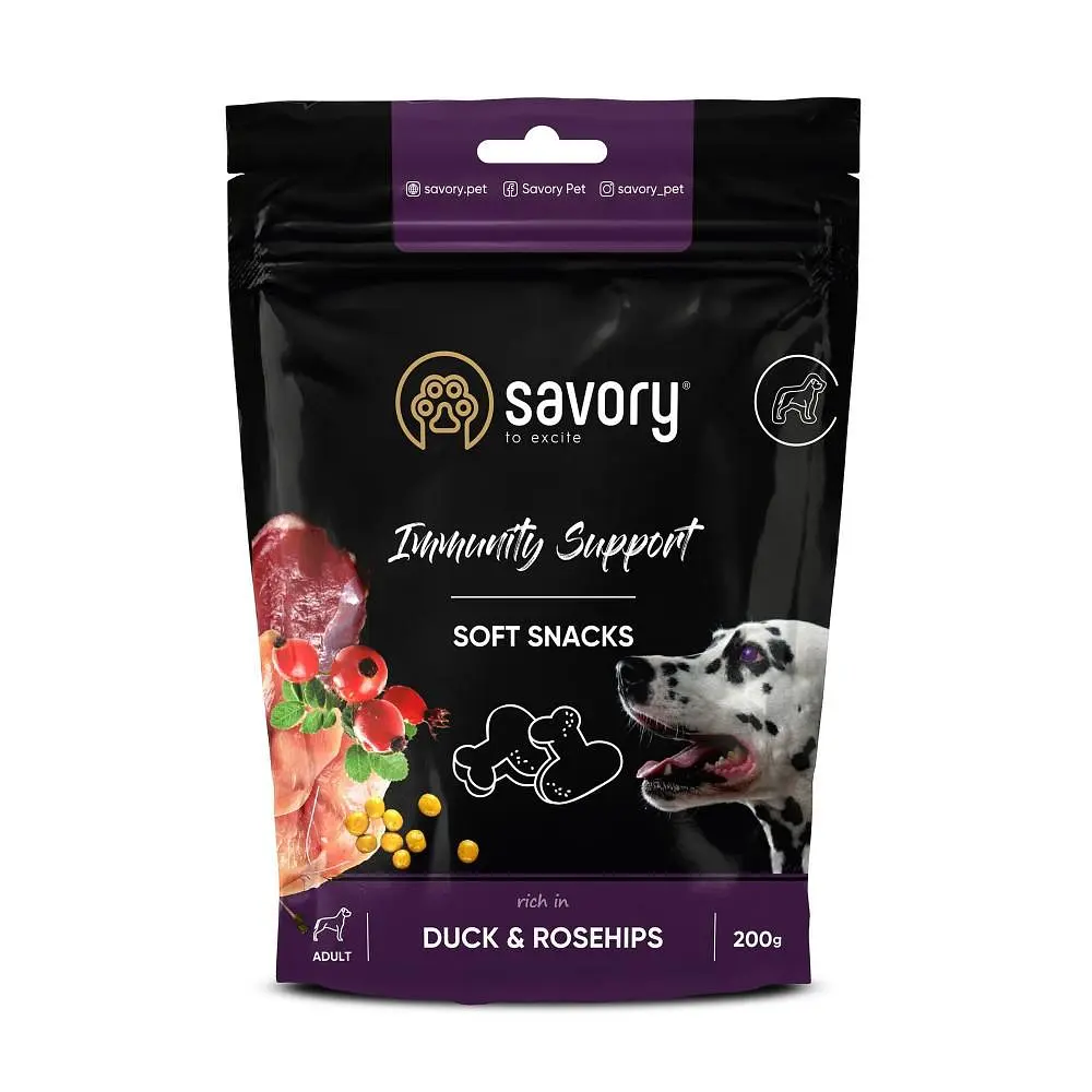 Функціональні м’які ласощі Savory для зміцнення імунітету собак, качка та шипшина, 200 г