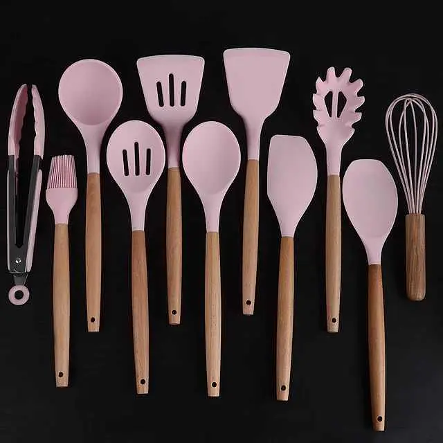 Кухонный набор Silikone Kitchen Set розовый из силикона с бамбуковой ручкой из 12 предметов - фото 5
