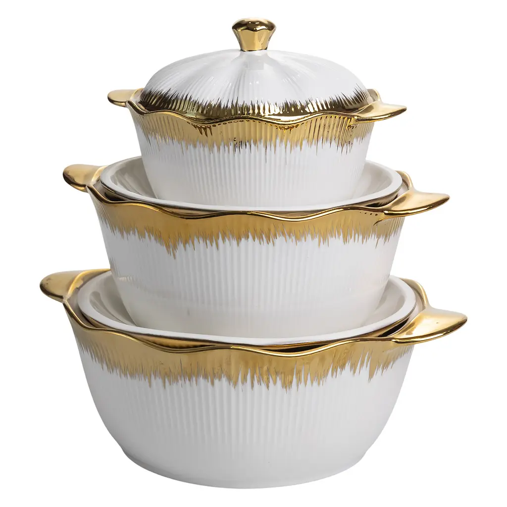 Набор фарфоровых супниц 3 (шт) 0.8/1.8/2.5 (л) с крышкой и ручками для дома и ресторана Золотистый Yiwu XYL216-4A - фото 4