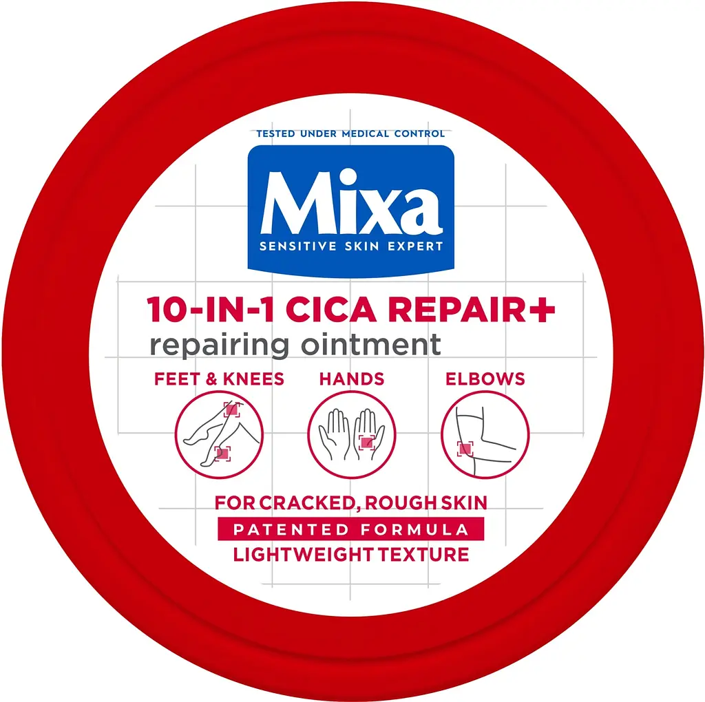 Багатофункціональний відновлювальний крем щільної текстури Mixa 10-In-1 Cica Repair+ Repairing Ointment для потрісканої, огрубілої чутливої шкіри тіла 150 мл - фото 3
