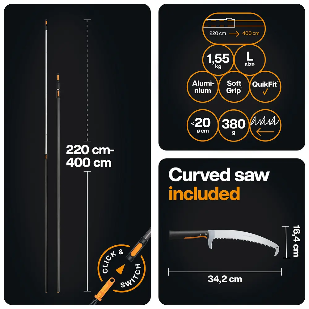 Пила садова закруглена з гаком Fiskars OneClick 360 мм, зріз на себе + ручка L 220–400 см (1080717) - фото 2