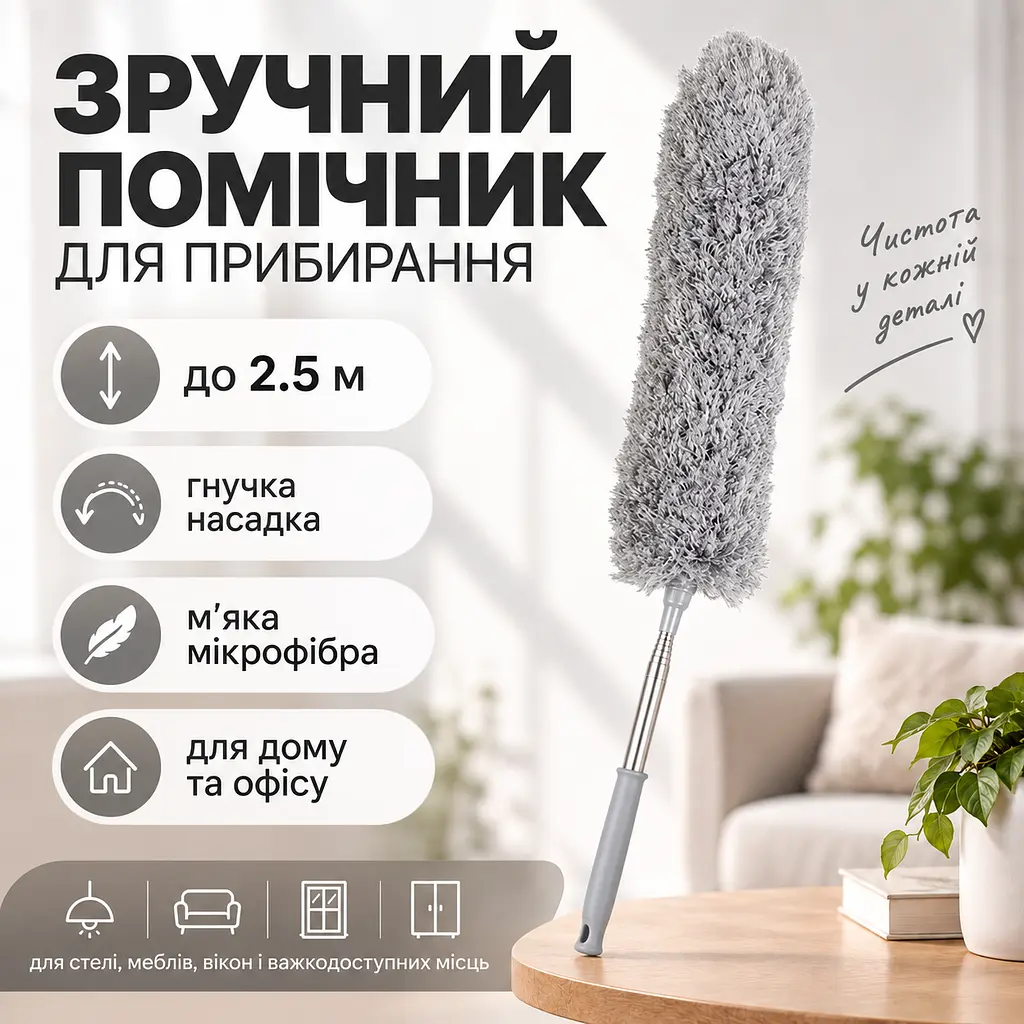 Телескопічна щітка для прибирання пилу до 2,5 м з насадкою з мікрофібри — гнучка щітка для стелі, шаф KT9004302 - фото 6