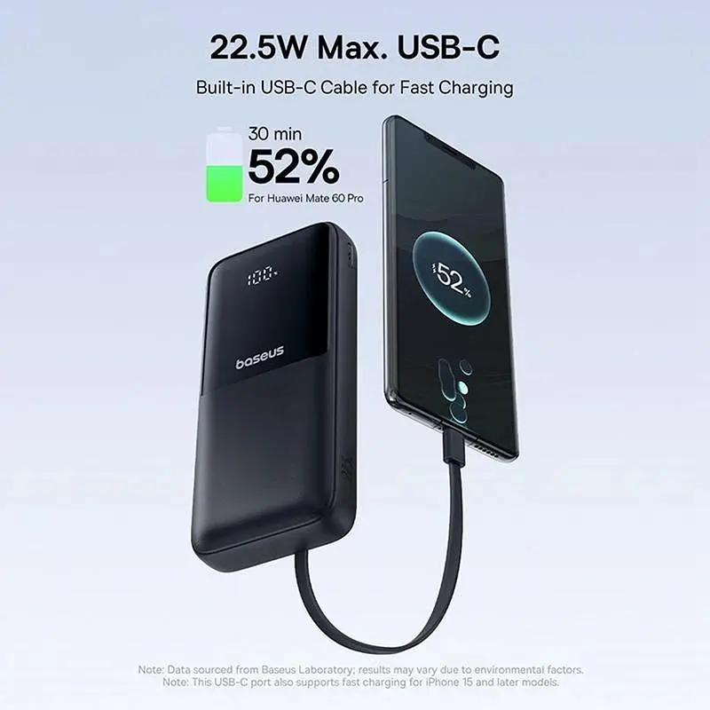 Повербанк Baseus 20000 mAh 22.5W з вбудованими кабелями Type-C та Lightning з LED-дисплеєм і швидкою зарядкою PD/QC - фото 10