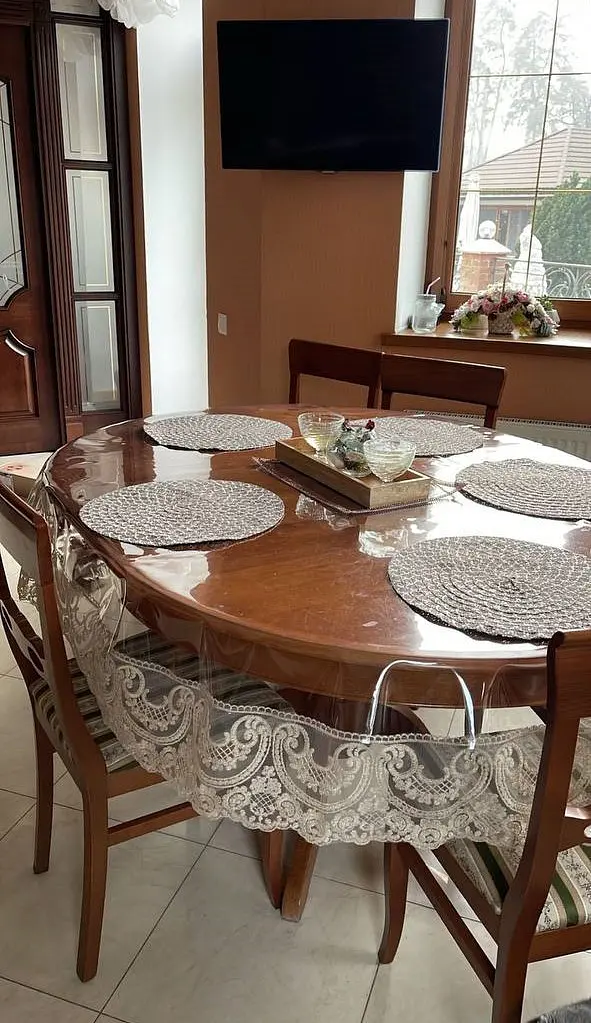 Силіконова скатертина овальна з мереживом Арка 15 см 340х140 см Бежевий + м'яке скло 315х35 см - фото 2