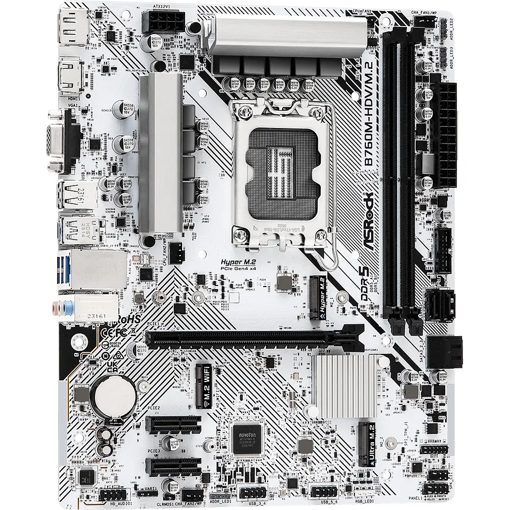 Материнская плата LGA1700, ASRock B760M-HDV/M.2, B760, 2xDDR5, Int.Video(CPU), 4xSATA3, 2xM.2, 1xPCI-E 4.0 x16, 2xPCI-E 3.0 x1, RTL8125BG, 6xUSB3.2/5xUSB2.0, VGA/HDMI/DP, MicroATX - фото 4