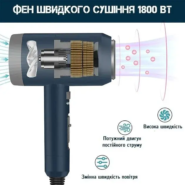 Професійний фен для волосся Confu KF-3127 з іонізацією, дифузором, 1800 Вт, темно-синій - фото 5