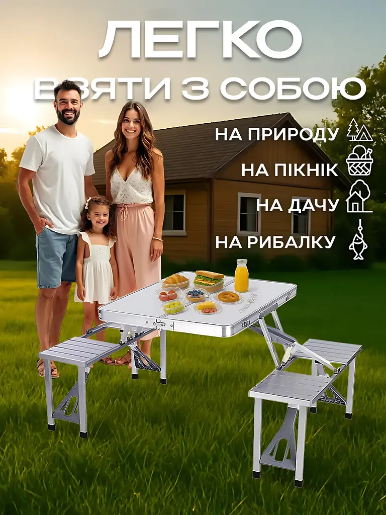 Універсальний туристичний розкладний стіл-трансформер із вбудованими відкидними стільцями, компактний і легкий, Сріблястий - фото 3