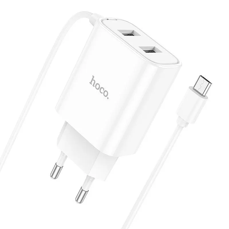 Зарядное устройство Hoco C103A 2 порта + встроенный Micro USB кабель белое - фото 3