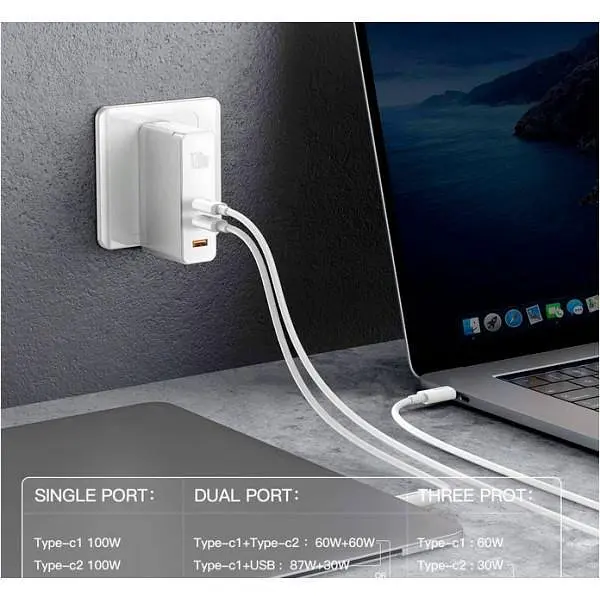 Мережевий зарядний пристрій Baseus GaN Xiaomini Quick Charger 1 USB + 2Type-C 120W CCGAN-J02 White - фото 3