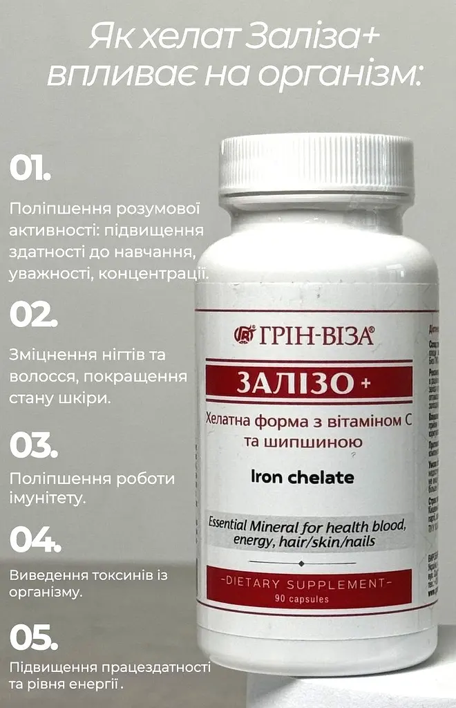 Залізо+ 90 капсул хелатна форма з високим ступенем засвоєння Грін-Віза - фото 2