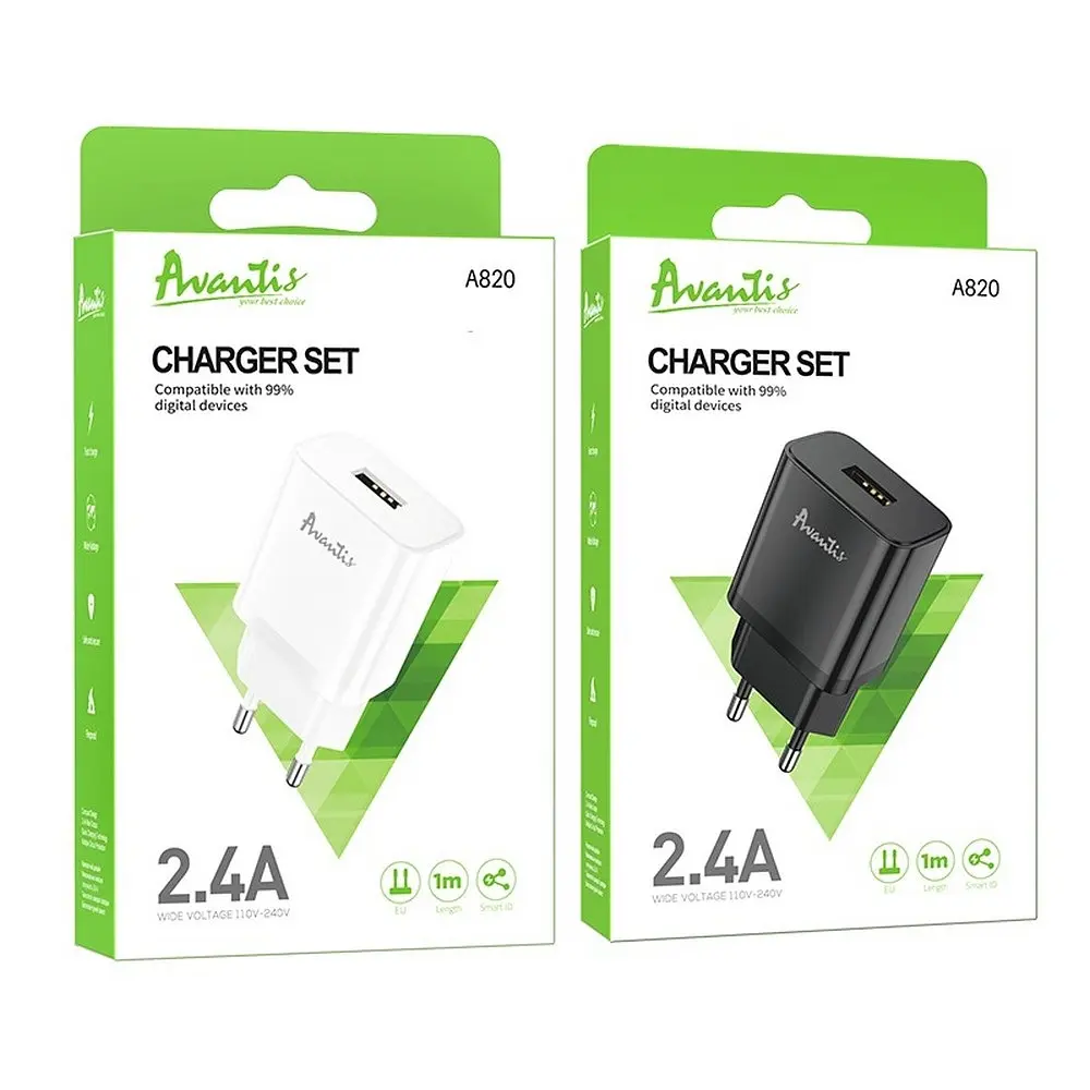Мережевий зарядний пристрій Avantis A820 (1USB/2.4A) + USB кабель Type-C- чорний - фото 2