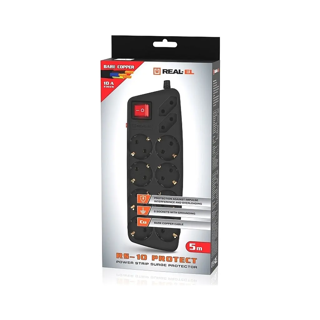 Мережевий фільтр живлення REAL-EL RS-10 Protect, 5m, black (EL122300040) - фото 8