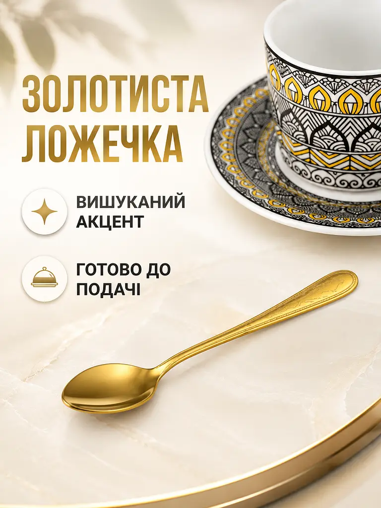 Чайний сервіз фарфоровий на 2 персони, чашки 220 мл, блюдця Ø14 см, золоті ложечки (49676222) - фото 7
